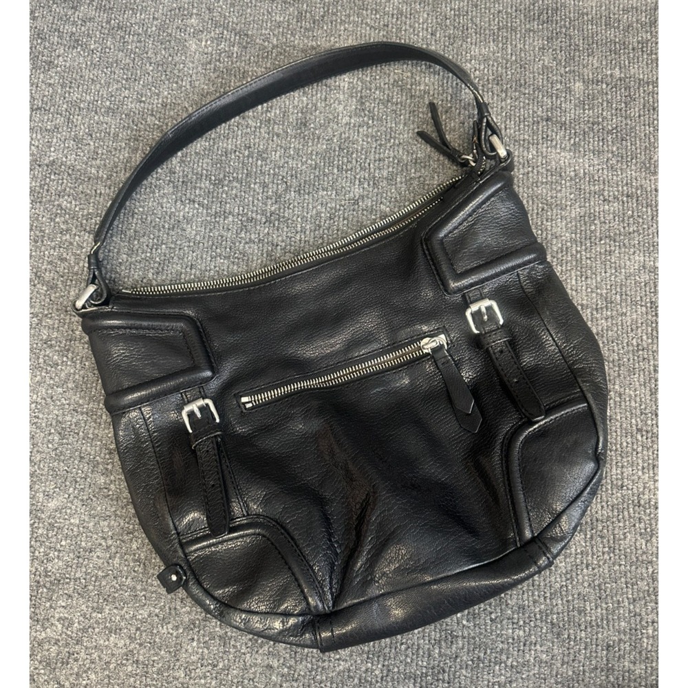 Vtg Cole Haan Y2K Black Leather Hobo Shoulder Bag Buckle Silver Hardware Slouchy